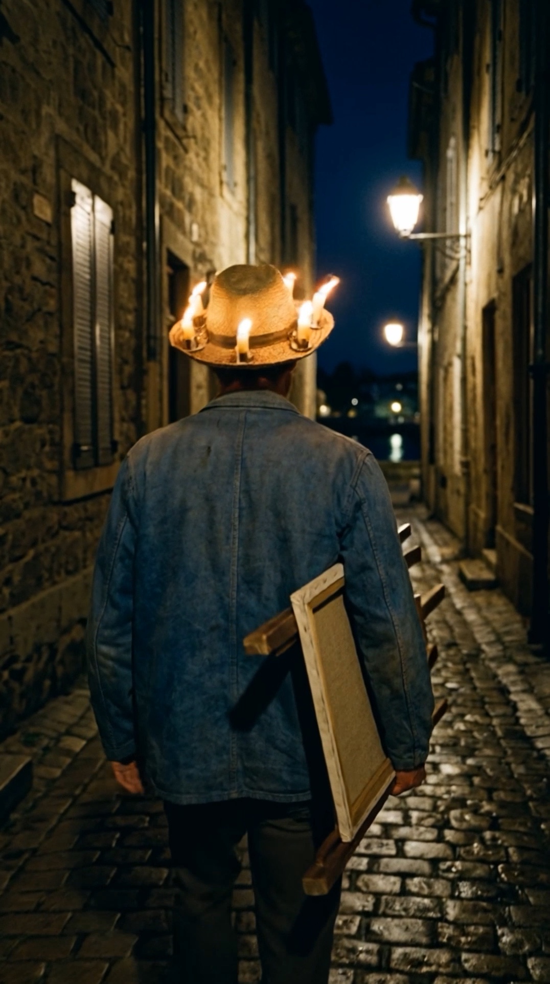A recreation of Van Gogh walking a dark Arles street at night with lit candles on his hat brim
