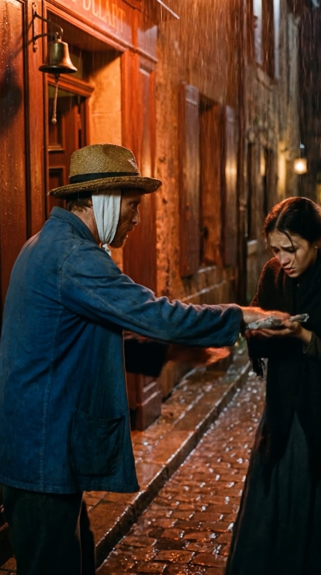 A recreation of Van Gogh delivering a small wrapped package to a young woman at a lit doorway in the rain, from the ArtMatch film