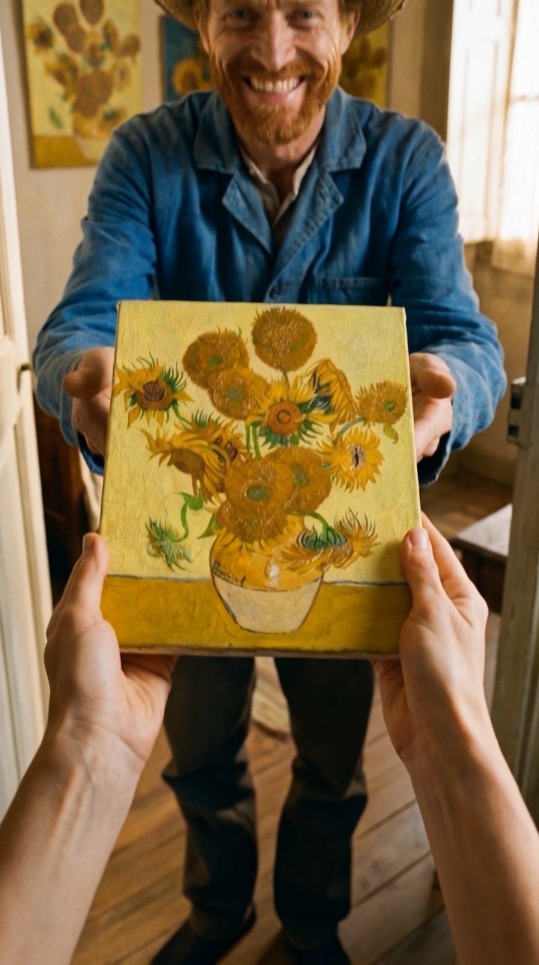 A recreation of Van Gogh handing a sunflower canvas to the viewer, from the ArtMatch film