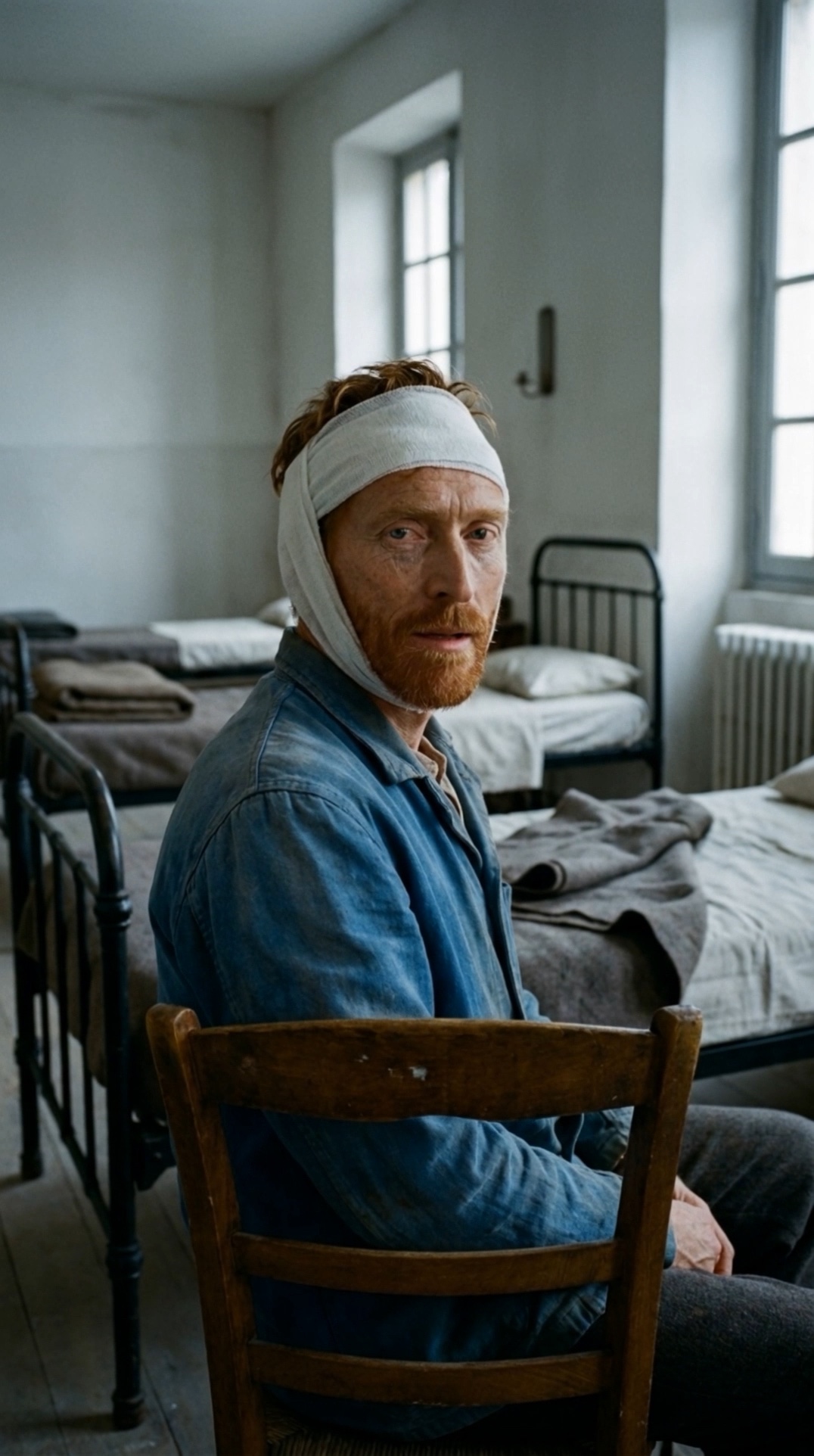 A recreation of the bandaged Van Gogh in the hospital ward at Arles, from the ArtMatch film