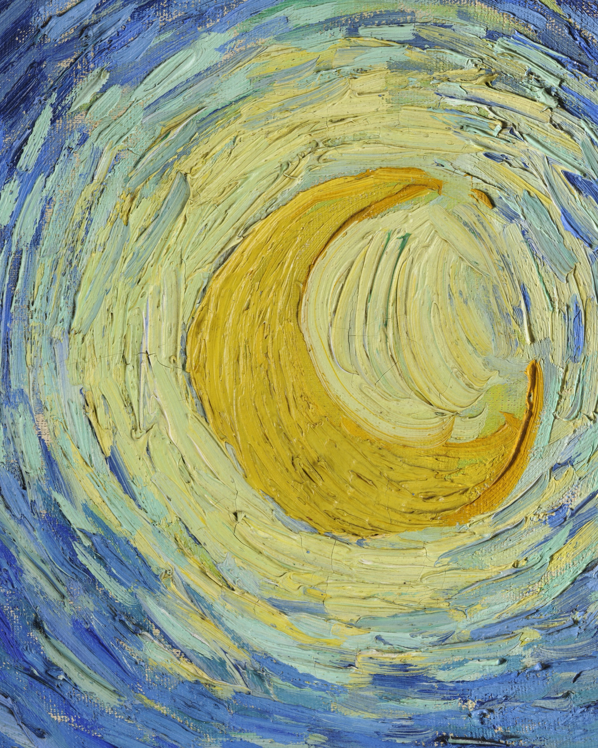 Detail of the moon in The Starry Night, showing the thick impasto brushwork