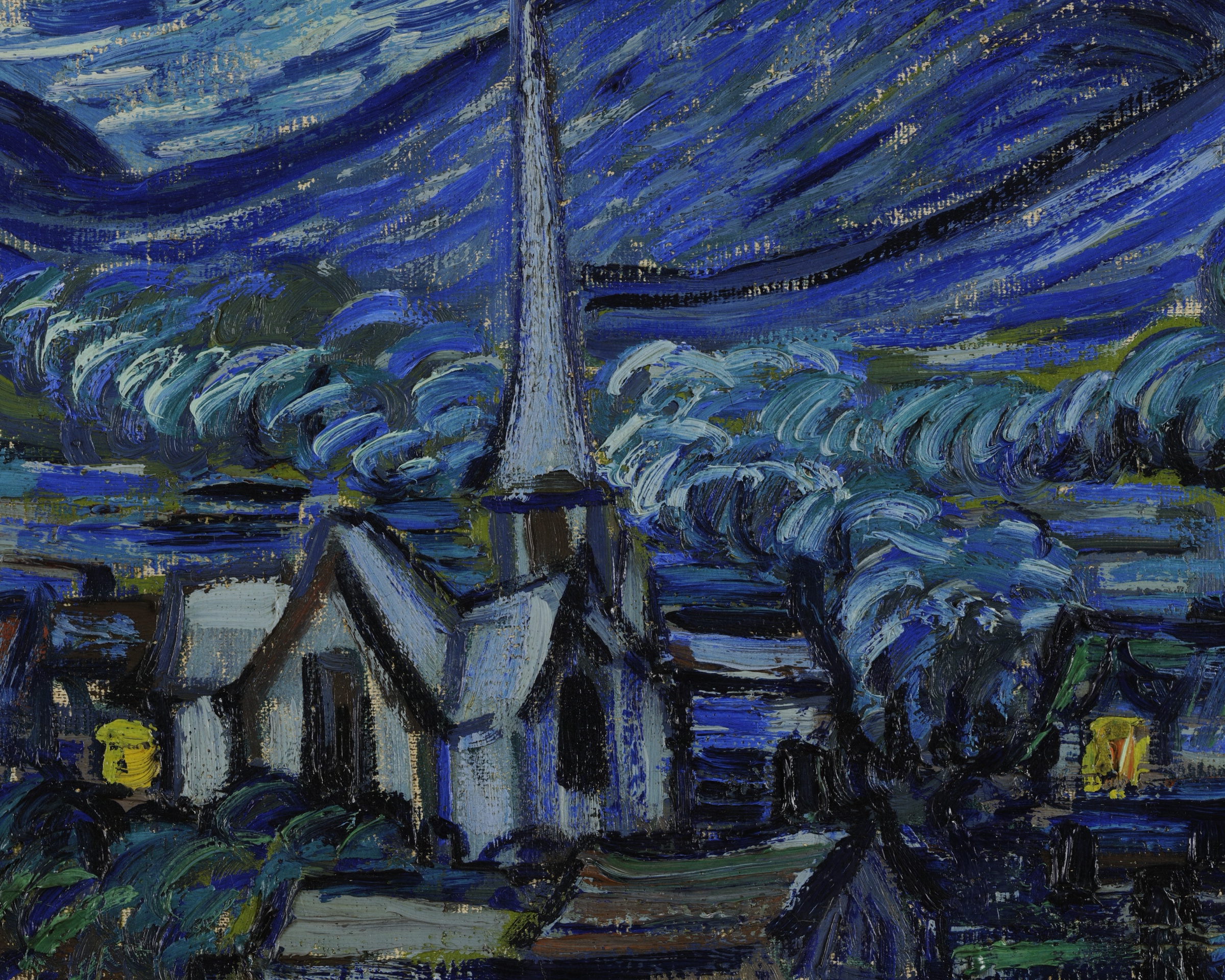 Detail of The Starry Night showing the invented village and the Dutch church spire