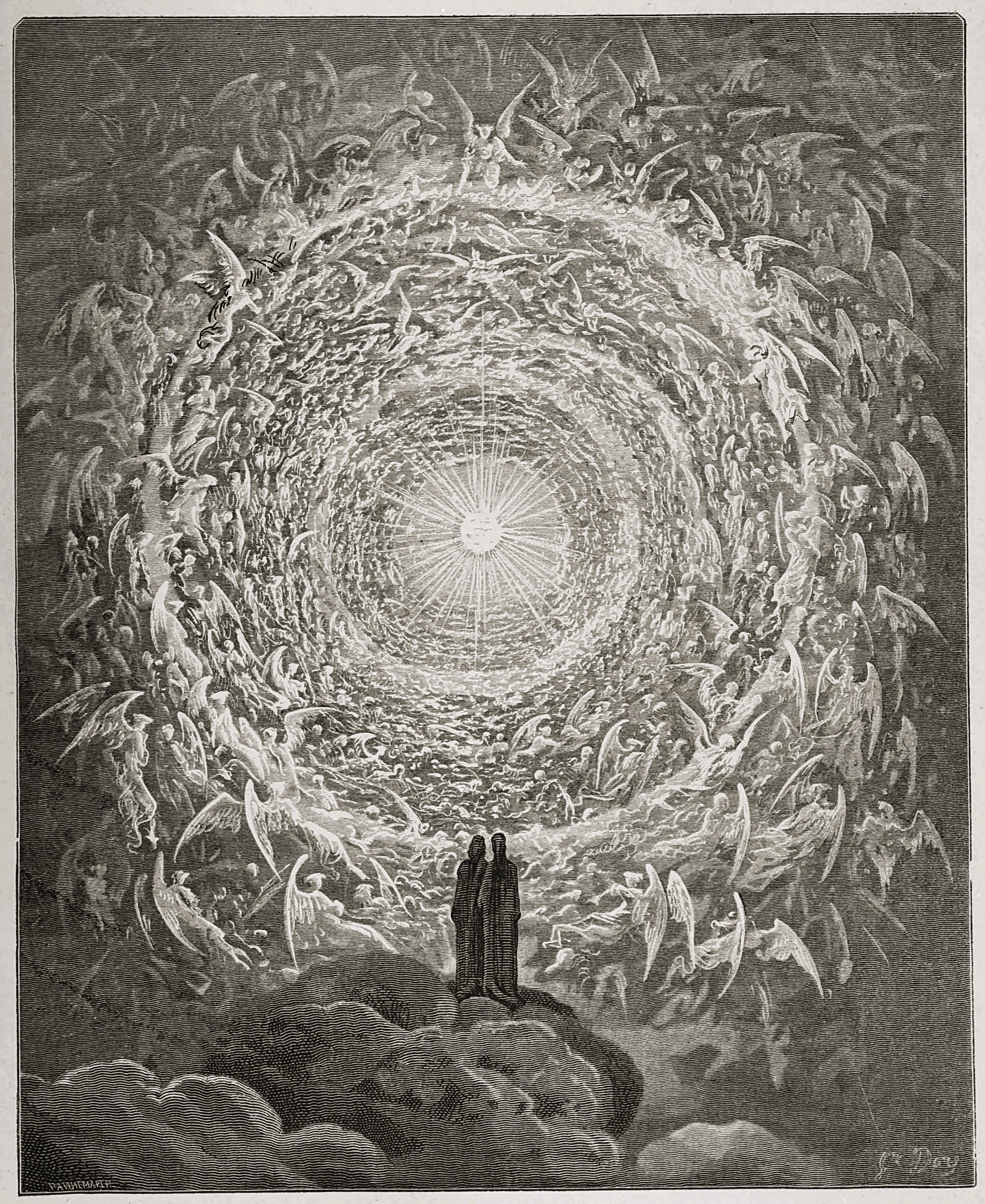 Gustave Doré’s The Celestial Rose, his 1868 engraving for Dante’s Paradiso, the souls of Heaven arranged as a vast white rose of light